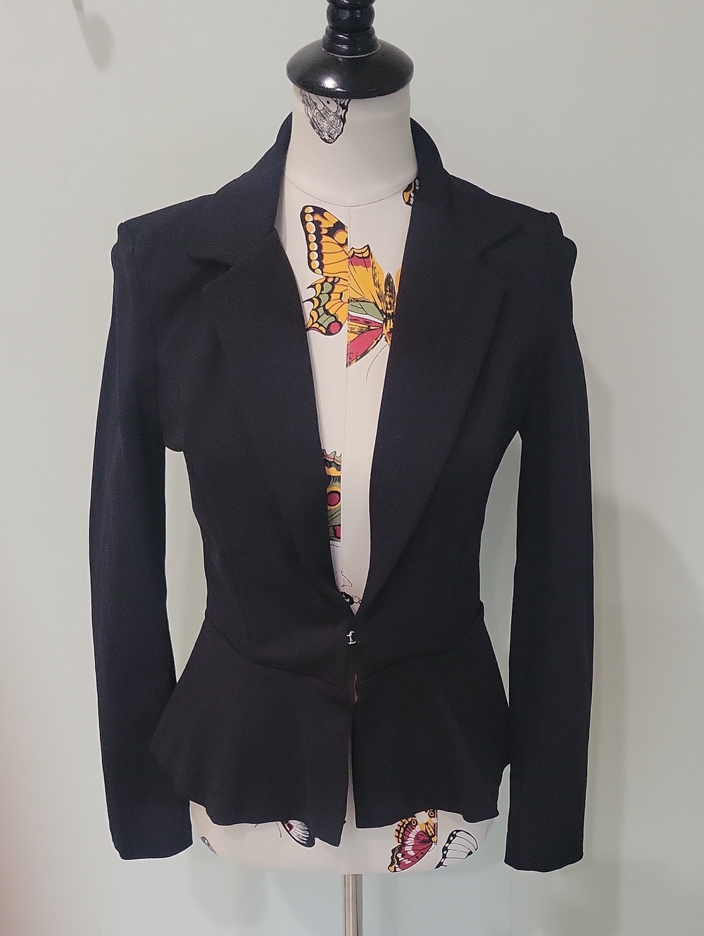 Stoosh Black Blazer Coat Jacket With A Ruffle Hem. Hook & Eye Closure. Size Is M